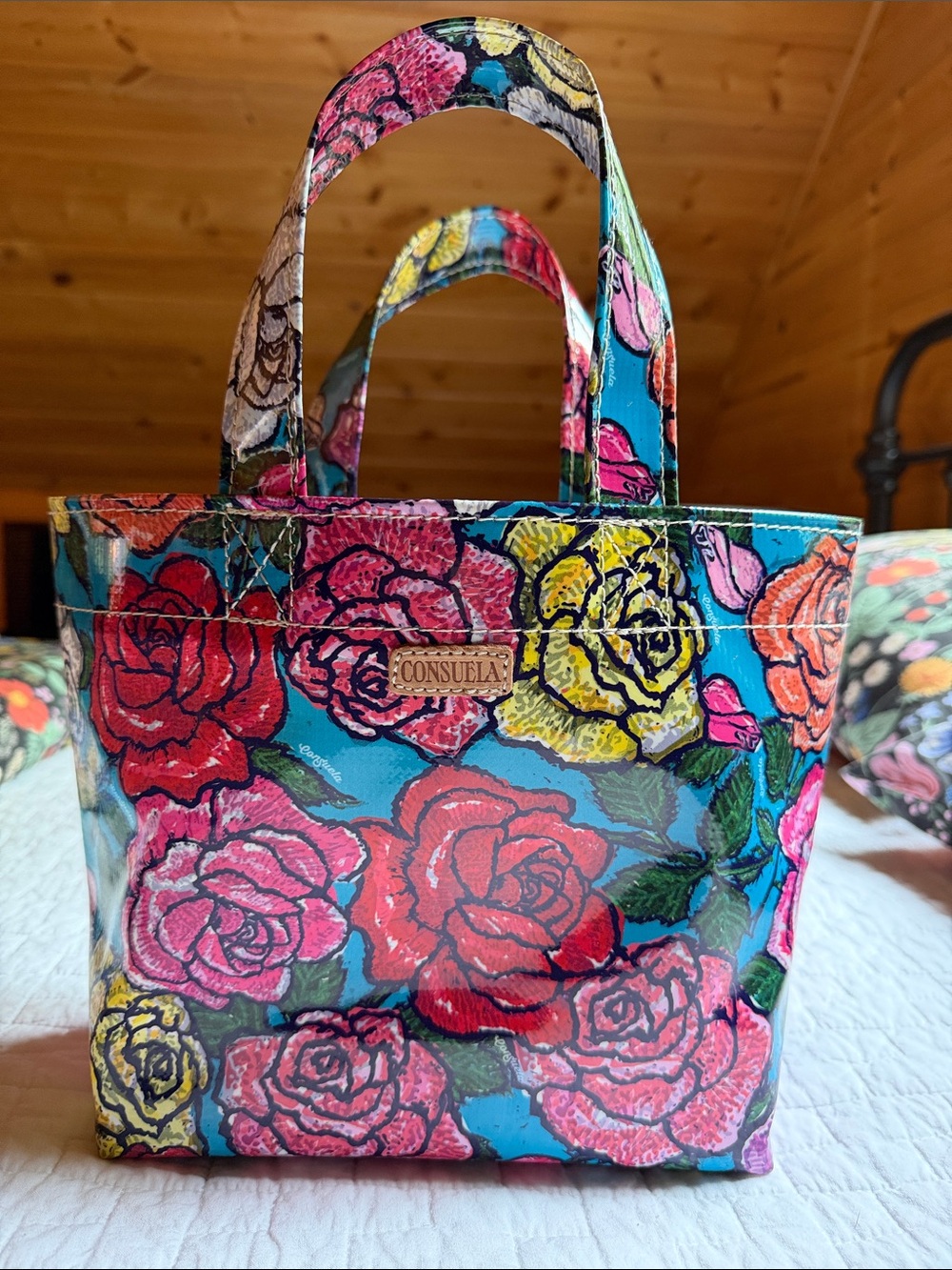 Consuela Turquoise Floral Mini Tote with Pink & Yellow Roses - Picture 3 of 6